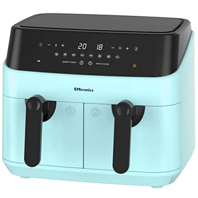Image of EMtronics EMAFDD9LAQ Dual Air Fryer Extra Large Family Size Double XL 9 Litre with 8 Adjustable Pre Set Menus for Oil Free &amp; Low Fat Healthy Cooking, Easy Clean Metal Interior, 99 Minute Timer Aqua