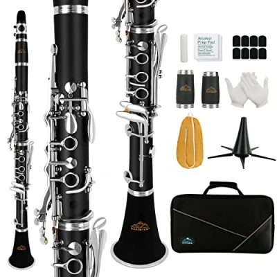 Image of B Flat Clarinet for Beginners, Student Bb 17 Nickel plated Keys,Clarinet ABS with 2 Barrels Hard Case Stand 8 Mouthpiece Cushion Cleaning Kit (Black)