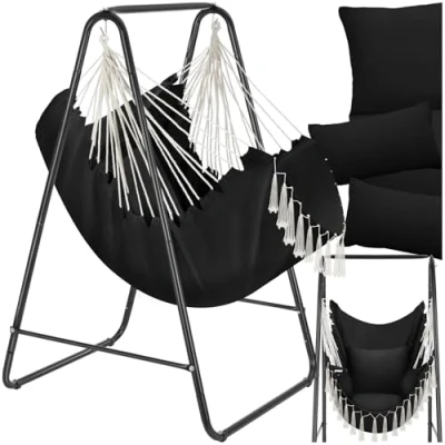 Image of tectake® Hanging Chair in Boho Style with Tassels, Cosy Swing Thick Cushions, Large Side Pocket, Breathable Fabric &amp; Durable Steel Frame, Hammock for Indoor Outdoor Use Black