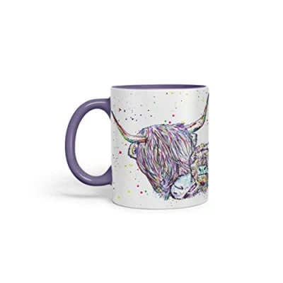 Image of Vixar Highland Cow Scottish with Calf Baby Farm Animals Watercolour Art Coloured Mug Cup Gift Birthday Work Office Tea Coffee (Purple)