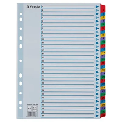 Image of Esselte 100164 A4 1 31 Index, Heavy Duty Cardboard with Mylar Reinforced Tabs, Multicolour