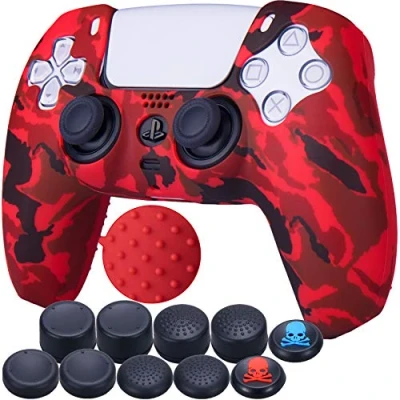 Image of 9CDeer 1 Piece of Silicone Transfer Print Protective Cover Skin + 10 Thumb Grips for Playstation 5 / PS5 Controller paint red