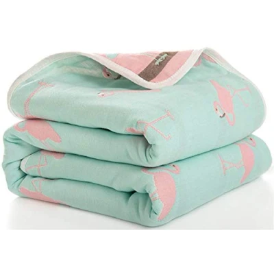 Image of Hayisugar Baby Swaddle Blankets 6 Layer Muslin Wrap 100% Cotton Stroller Cover Receiving Infant, Newborn Blanket for Crib, Travel, Outdoor, Flamingo, 110x110cm
