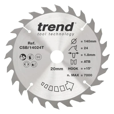 Image of Trend Wood Cordless Circular Saw Blade, 140mm Diameter, 20mm Bore, 24 Teeth, 1.8mm Kerf, +15 Hook, TCT, Medium Finish, CSB/14024T