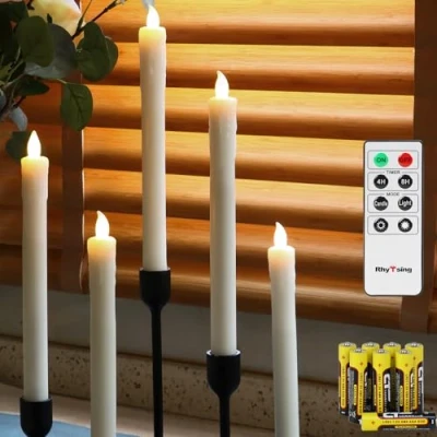 Image of Rhytsing Set of 5 Ivory Battery Operated Taper Candles with Remote, LED Dinner Candles, Push Button, Dripping Wax Finish, Warm White Light, Batteries Included