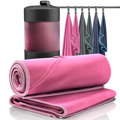 Image of Microfibre Towel Set of 2 + Carry Bag Large for Bath &amp; Small Face, Hair Blue With Zip Pocket Phone Antibacterial Ultra Quick Dry Sports, Travel, Camping, Beach, Swimming (Pink)