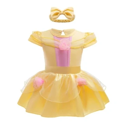 Image of Lito Angels Baby Girls Princess Belle Fancy Dress Up Costume Infant Onesie Bodysuit Romper Birthday Outfits with Headband Age 12 18 Months