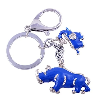 Image of Feng Shui Blue Rhinoceros and Elephant Protection Key Chain Charm Handbag Hanging W Free Mxsabrina Red String Bracelet W1041