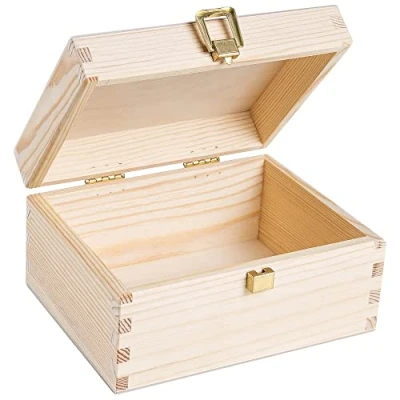 Image of Creative Deco Small Wooden Storage Box Unpainted Plain 21.4 x 13.8 10 cm (+/ 1cm) Golden Lock &amp; Hinged Lid Gift for Easter Office or Bedroom Jewellery