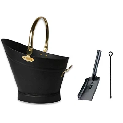 Image of Heavy Duty Metal Fireside Waterloo Bucket Fireplace Hod Scuttle Coal Fuel Ash Wood Log Storage Option with Shovel and Poker (Black &amp; Brass + Shovel&amp;Poker)