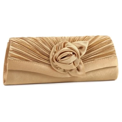 Image of Damara Women&#039;s Satin Pleated Flower Front Evening Bag Clutch Handbag,Gold, L
