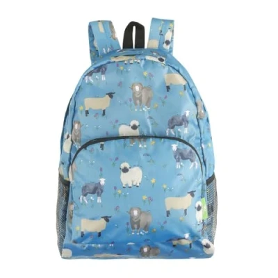 Image of ECO CHIC Lightweight Foldable Water Resistant Backpack Rucksack Folds into Pouch for Storage (Sheep Realism Blue)
