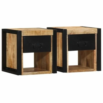 Image of vidaXL Bedside Cabinets 2 pcs 40x35x40 cm Brown Mango Wood Wall Mounted Nightstand Extra Storage Space, Retro Style