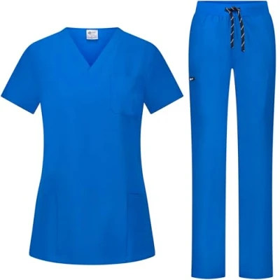 Image of B well Bella Women&#039;s Scrub Set Slip On Tunic + Trousers Medical Doctor Uniform Jacket Top with Work Wear Elastane, royal, XL