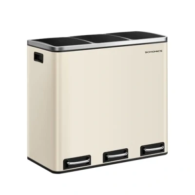 Image of SONGMICS Kitchen Rubbish Bin, 3 x 18 L, Waste Separation System, Compartments, Pedal for Yellow Sack, Organic Waste, with Lid, Softclose, Foot Pedals, Steel, Sand Beige LTB054A02