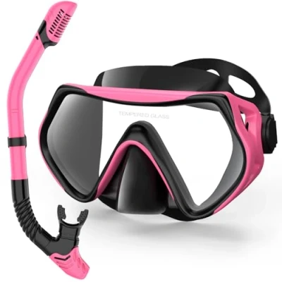 Image of Snorkeling Gear for Adults, Dry Top Snorkel Set Scuba Diving mask, 180Panoramic Wide View Professional Breathing Freely Mask (Pink)