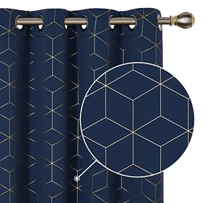 Image of Deconovo Blackout Curtains, Gold Diamond Printed Noise Reduction 63 Inch Drop Eyelet Curtains for Living Room, 52 x Inch(Width Length), Navy Blue, One Pair