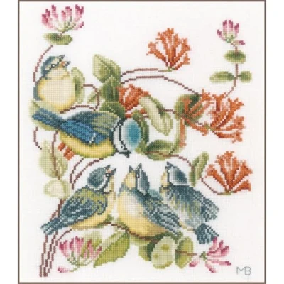 Image of Lanarte Counted Cross Stitch Kit: Chickadees (Evenweave), Cotton, NA, 24 x 29cm