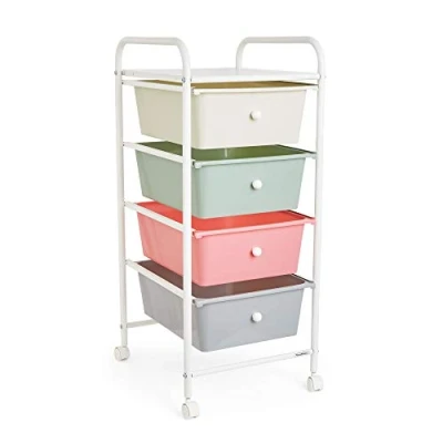 Image of VonHaus Storage Trolley, 4 Drawer Pastel Wheeled Makeup Durable with Plastic Drawers, Chrome Frame, Panel &amp; 360 Wheels, Versatile Organiser for Bedroom, Bathroom, Home Office