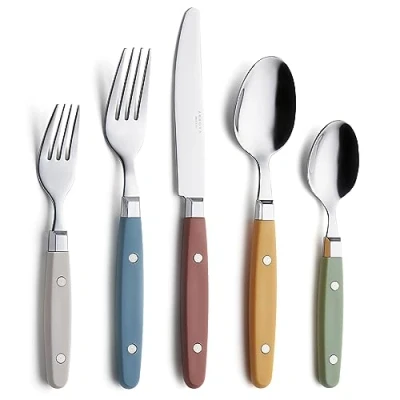 Image of ANNOVA Silverware Set 20 Pieces Stainless Steel Cutlery Color Handle with Rivet/Retro Flatware 4 x Dinner Knife; Fork; Salad Spoon; Dessert Spoon(Morandi Mix)