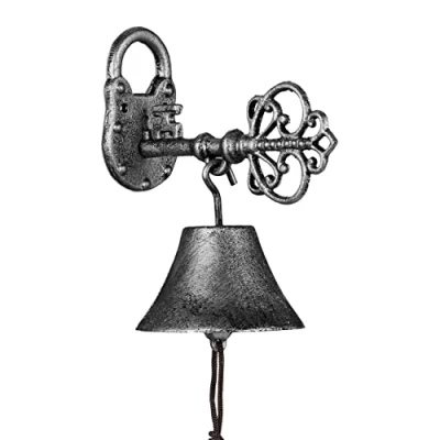 Image of Relaxdays Cast Iron Door Bell, Antique Design, Hanging Doorbell with Key, for Outdoors, Rope, Wall Mounted, Silver, Aluminium, 20 x 11.5 18 cm