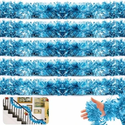 Image of HOVUK® 5x Ice Blue Tinsel Garlands 2M Light Chunky Fine Cut Christmas Tree Decoration, Thick and Thin for Xmas Party Home Decoration