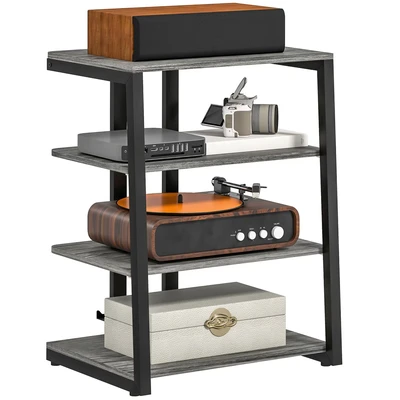 Image of HOMCOM HiFi Stand, 4 Tier Media Storage Shelf with Adjustable Shelves, Power Strip Rack for Router, Record Player, Printer, Industrial TV Stand up to 28 Inch TVs, Dark Grey