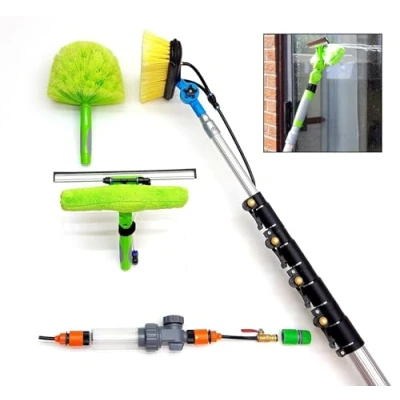 Image of 16ft 20ft 24ft Telescopic Water Fed Window Cleaning Pole, Solar panel Conservatory Roof Cleaner, Extended Extension Extendable Squeegee Kit Hose Tool