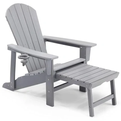 Image of VonHaus Grey Adirondack Chair &amp; Folding Foot Stool Waterproof HDPE Garden Lounger with Foldable Sliding Rest, Wide Armrests Sloped Back For Terrace, Patio, Balcony Outdoors