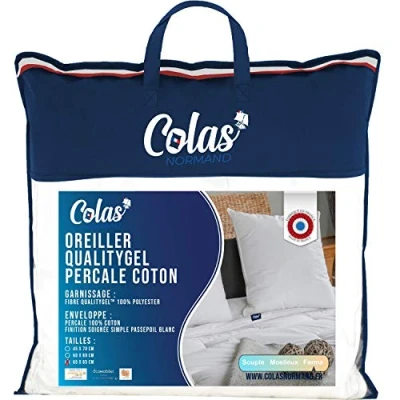 Image of Colas Normand QualityGel Percale Pillow, 100% Cotton, Firm, 65 x cm, Cervical Support, Memory Sensation, Hotel Quality, Soft, French Made, White