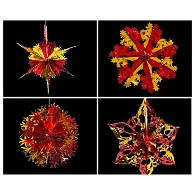 Image of Set of 4 40cm Christmas Foil Ceiling Garland Hanging Xmas Decoration, Long Star, Snowflake, Star Ball &amp; (Gold Red)