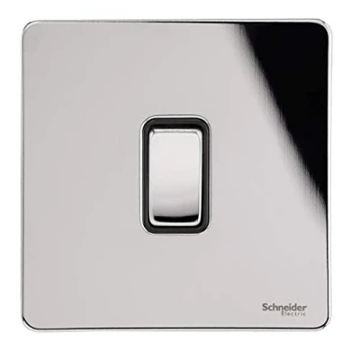 Image of Schneider Electric Ultimate Screwless Flat Plate Single Rocker 2 Way Light Switch, Pole, 16AX, GU1412BPC, Polished Chrome with Black Insert