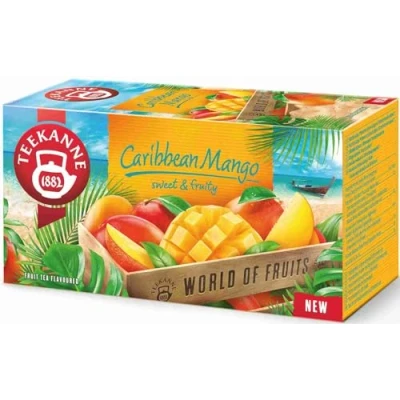 Image of Teekanne Caribbean Mango Flavored All Natural Fruit Infusion Tea with White Hibiscus and Sweet Blackberry Leaves 20 Teabags