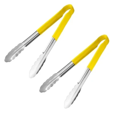 Image of Chabrias Ltd 12&quot; Utility Kitchen Tongs Cooking Stainless Steel Colour Coded Serving (Yellow, 2 Pack)