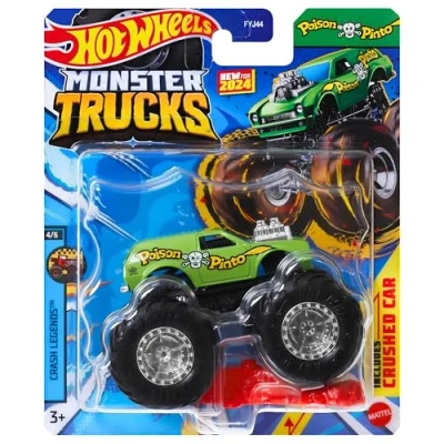 Image of Mattel Hot Wheels Monster Trucks Collectible Toy 1:64 Scale Diecast Model Vehicle Crash Legends 4/6 Poison Pinto HTM31