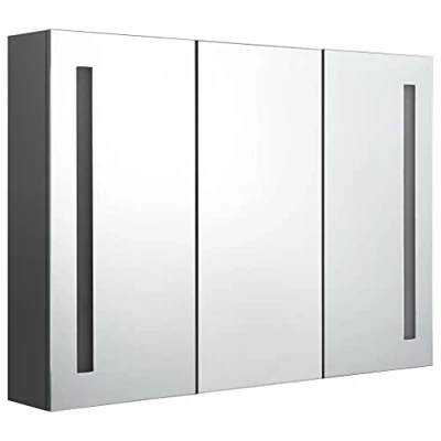 Image of vidaXL LED Bathroom Mirror Cabinet, Wall Mounted, Ample Storage with 3 shelves, MDF Board Melamine Finish, Grey, Dimensions: 89x14x62 cm