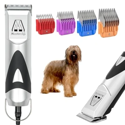 Image of Masterclip Briard Dog Clippers Premium Grooming Set with Toughened Steel A5 Blade (10) &amp; 4 Pack Comb Guides Professional Mains Powered Suitable for Dogs a Double Coat
