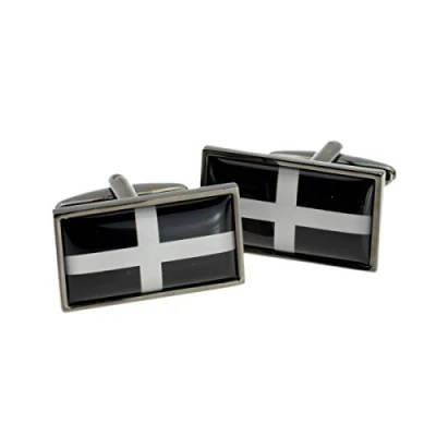 Image of Cornish Flag of St Piran in Gunmetal Frame Cufflinks a Black Leatherette Box X2N9958 CORNWALL XCBOX