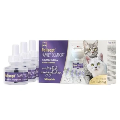 Image of Felisept Family Comfort Relaxing Agent in multi cat Household Refill Bottle 3 x 45 ml With natural catnip plug calmer Release tensions households and reduce sustainably