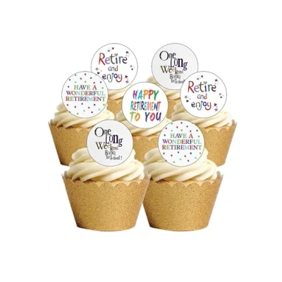 Image of 24 Precut Round Edible Wafer Paper Retirement Retiring Themed Cake Toppers Decorations