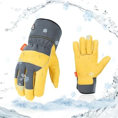 Image of Vgo... 5℃/41F Warm Winter Safety Cowskin Leather Work gloves Men,Rigger Gloves,Builder Gloves,Construction 1Pair CA3501FLWP (Grey+Yellow,L)