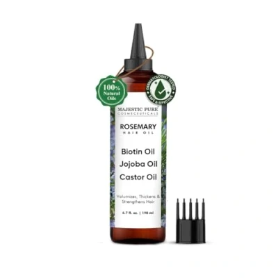 Image of MAJESTIC Pure 100% Rosemary Oil with Biotin for Hair Care, Strengthening, Nourishing, and Volumizing Formula Jojoba Castor Non GMO Verified, 6.7 Fl Oz
