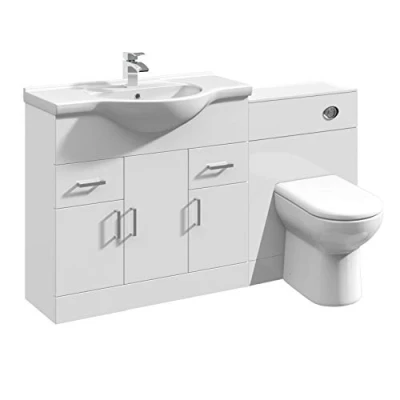 Image of VeeBath Linx 1350 Vanity Unit Furniture Set, Wash Basin Bathroom Sink, WC, BTW Toilet Pan, Soft Close Seat, Concealed Cistern White (Flat Pack)