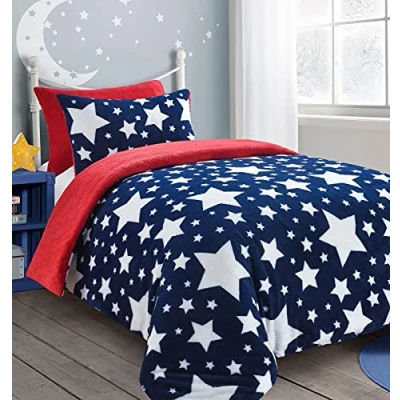 Image of NIGHTZONE Teddy Star Fleece Duvet Cover Set Soft Cosy Warm Kids Bear Bedding (Navy &amp; Red, Single)