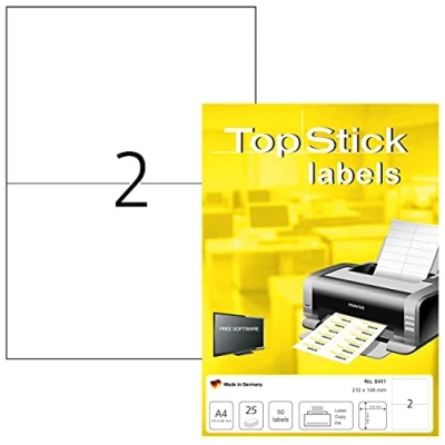 Image of TopStick Self Adhesive Multipurpose Labels, 2 Labels per A4 Sheet, 25 Sheets, 210 x 148 mm, Blank Universal Stickers, Sticky for Laser &amp; Inkjet Printer, White
