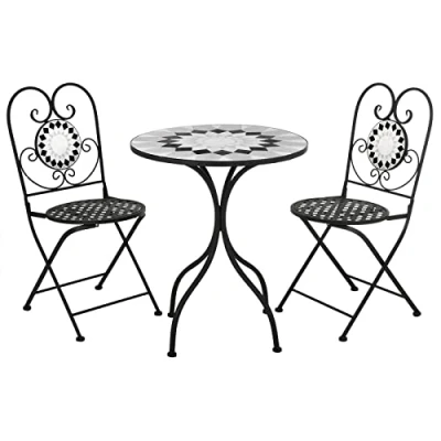 Image of Azuma Small Garden Furniture Bistro Table and Chairs Set 2 Greek Style Outdoor Black Metal Foldable Patio with Mosaic