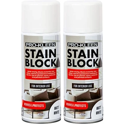 Image of Pro Kleen Stain Block Spray Paint Primer Covers Mould, Grease, Nicotine &amp; Rust Stains For Walls Ceilings Leaves a Waterproof Barrier White Matt (2 x 400ml)