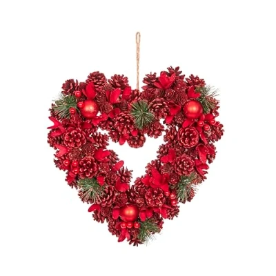 Image of Smart Garden Ruby Pine Heart Christmas Wreath Floral, Bauble and Pinecones Red 35cm Indoor Outdoor Use Decoration, Perfect for Front Doors Home
