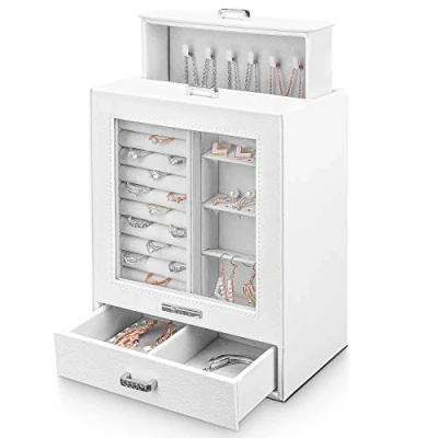 Image of Yorbay Seelux jewellery box, box with 3 drawers, glass window, for necklaces, rings, bracelets, earrings (White)