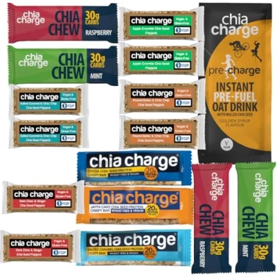Image of CHIA CHARGE Healthy Snack Bars Premium Vegan Sample Pack Yorkshire Bakery 16 of The Best Protein &amp; Energy (Premium Packs)